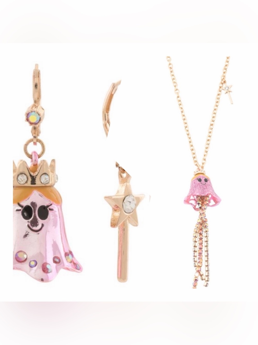 Betsey Johnson Pink Princess Crystal Ghost Star Necklace and Mismatch Earrings